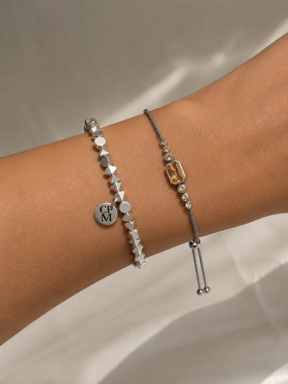 2PC Bomb Party Bracelet Set Silver Stretch Beaded Charm + CZ Slider Bolo set